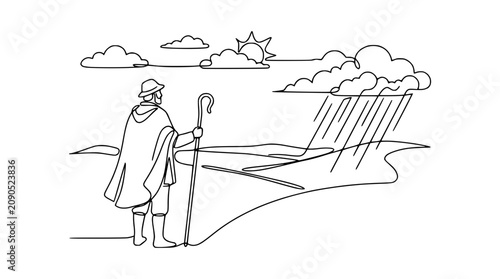 Shepherd with Staff Facing Stormy Weather, Dramatic Landscape, Single Line Art