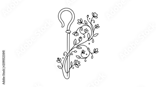 Fotografie Shepherd's crook entwined with blooming flowers, elegant line art, symbol of gui