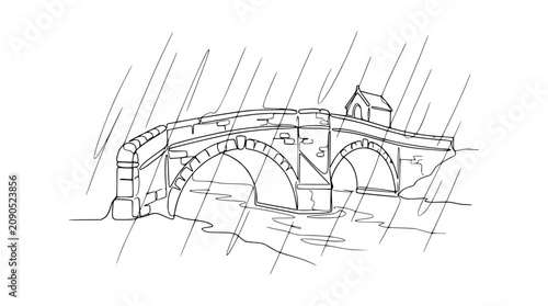 Konstfotografi Stone bridge in rain, sketch style