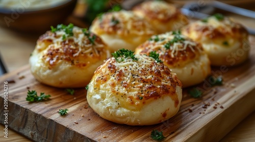Five cheesy bread rolls on wooden board, garnished with parsley.