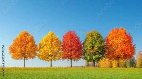 Five trees in autumn foliage colors against a clear blue sky.