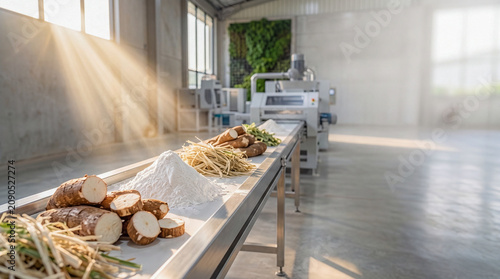 Cassava roots and processed starch on an industrial conveyor belt for sustainable biodegradable plastic manufacturing