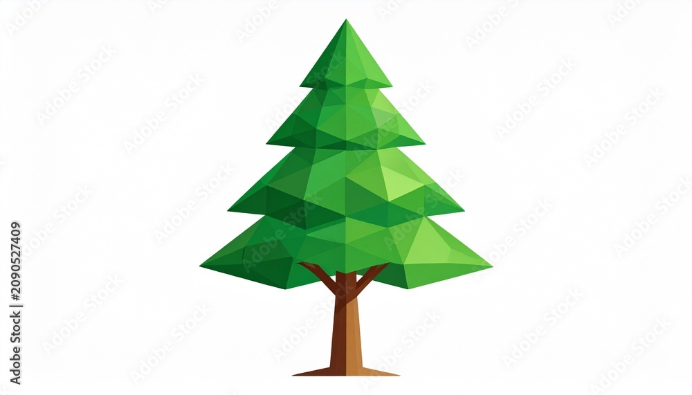 Fototapeta premium A stylized low-poly pine tree with layered triangular foliage and a brown trunk, standing on a clean white background, symbolizing nature’s simplicity, digital art, and geometric harmony.