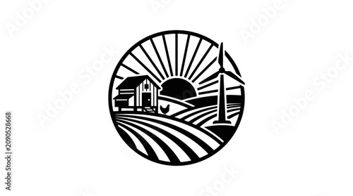 Black and white vector logo featuring a farm landscape with a windmill.
