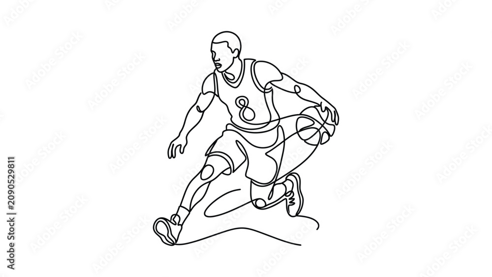 Obraz premium Continuous line art of a basketball player dribbling the ball.