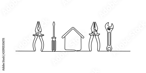 Continuous one line drawing of house icon with construction tools like pliers screwdriver and wrench for home repair and renovation services