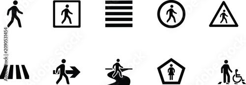   
“Pedestrian and accessibility icons, walking symbol, crosswalk, direction sign, disabled access, safety, wayfinding, vector silhouette illustration set”
