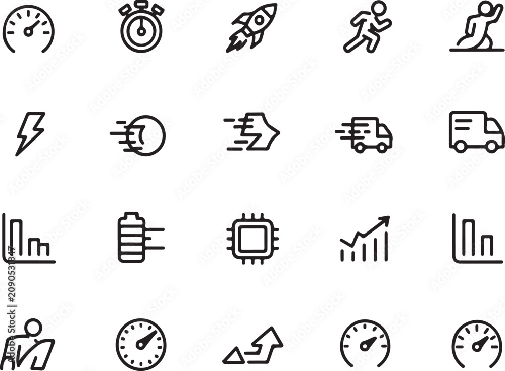Fototapeta premium Set of speed and performance line icons for business and logistics concepts with performance business logistics shipping delivery transport stopwatch tachometer movement technology analysis