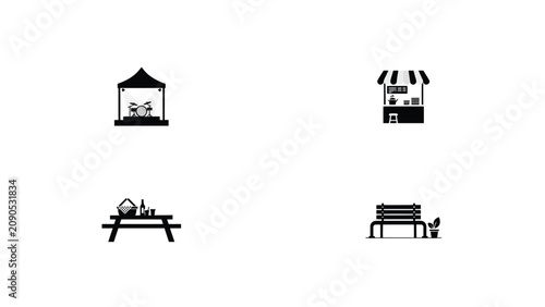 Obraz na płótnie Flat vector icons with four minimalist black white icons depicting small outdoor