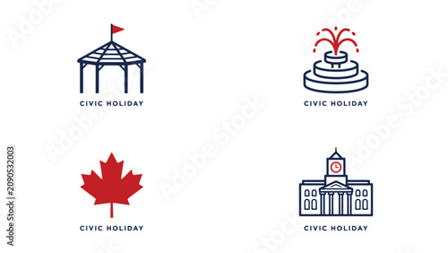 Obraz na plátně Four clean minimalist civic holiday symbols featuring landmark architecture flag