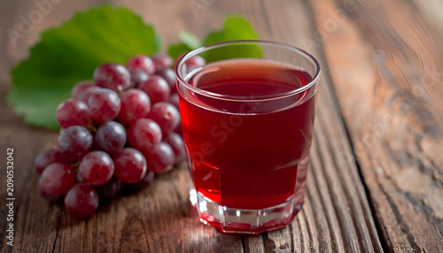 A glass of freshly squeezed grape juice of a rich ruby ​​color against the background of a bunch of ripe red grapes.