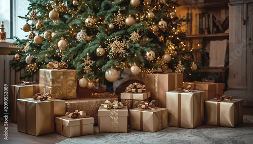 A fragment of a Christmas tree in a cozy living room, decorated with golden baubles.