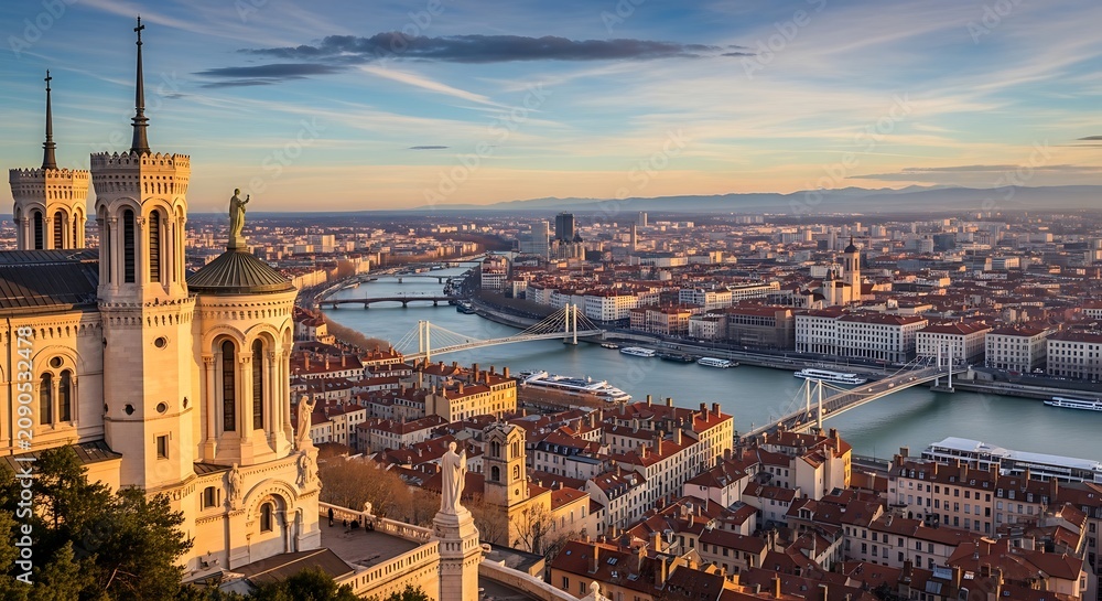 Obraz premium Historic Basilica Overlooking Lyon City and River at Sunset