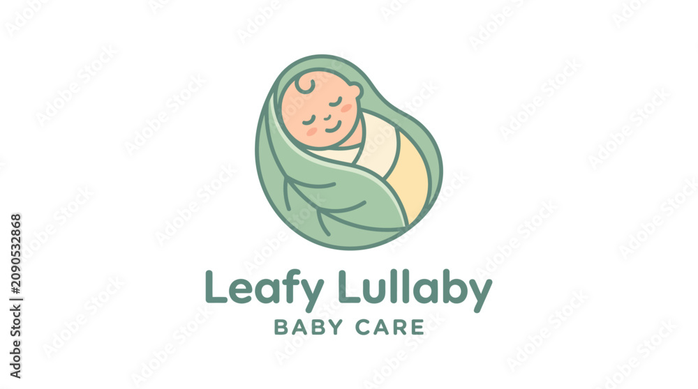 Fototapeta premium Cute newborn baby wrapped in a green leaf logo design.