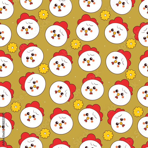 seamless pattern cute hand drawn cartoon bear chicken and yellow flower