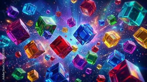 Colorful crystal cubes, gemstone fragments, rainbow hues, 3D rendering