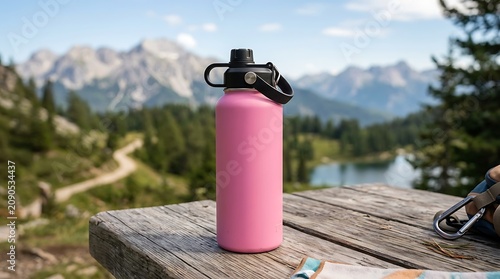 Pink Reusable Water Bottle Standing on Wooden Table in Mountain Landscape