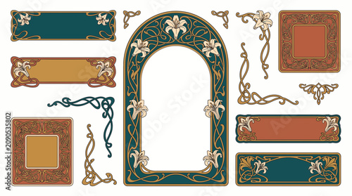 Elegant Art Nouveau vintage frames and banners collection featuring ornate lily floral motifs with flowing curvilinear lines, provides classic decorative elements for luxury brand identity