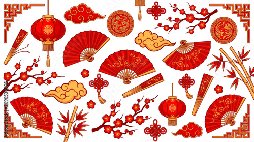 Set of red Chinese traditional elements including lanterns, folding fans, plum blossom branches, bamboo, auspicious clouds and knots, symbolizing Lunar New Year, illustrating festive design