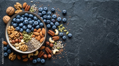 Assorted Fresh Berries and Nuts on Dark Surface for Healthy Snack Concept.