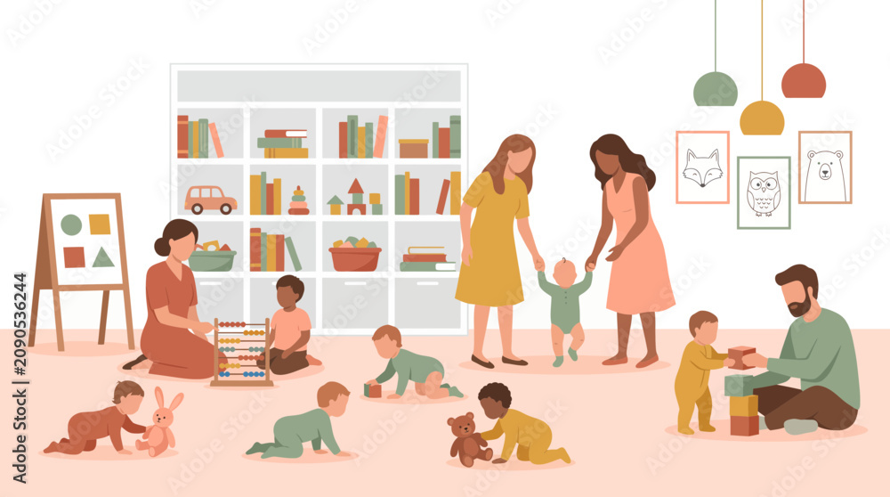 Fototapeta premium Diverse group of toddlers and caregivers playing in a well-equipped modern nursery with educational toys and books, representing childhood development and childcare service marketing