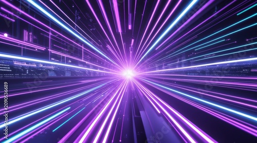 Abstract purple light speed lines moving fast in a dark space tunnel isolated on white background