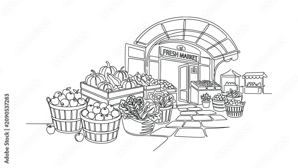 Obraz premium Line art illustration of a fresh market stall with fruit and vegetable baskets.