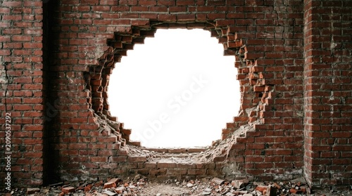 Damaged brick wall with round hole, destruction detail