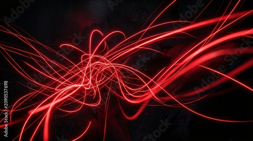 Red neon light trails, abstract background, glowing lines, dark texture