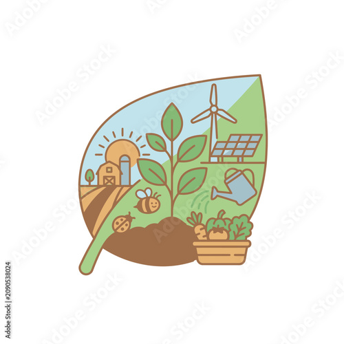Sustainable agriculture icon with solar and wind power.
