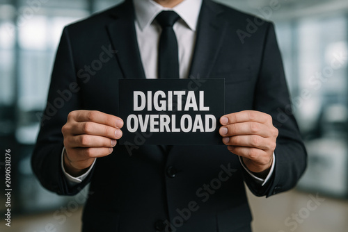 Businessman holding card with bold white text reading Digital Overload in blurred modern office, concept of technology stress and information overwhelm