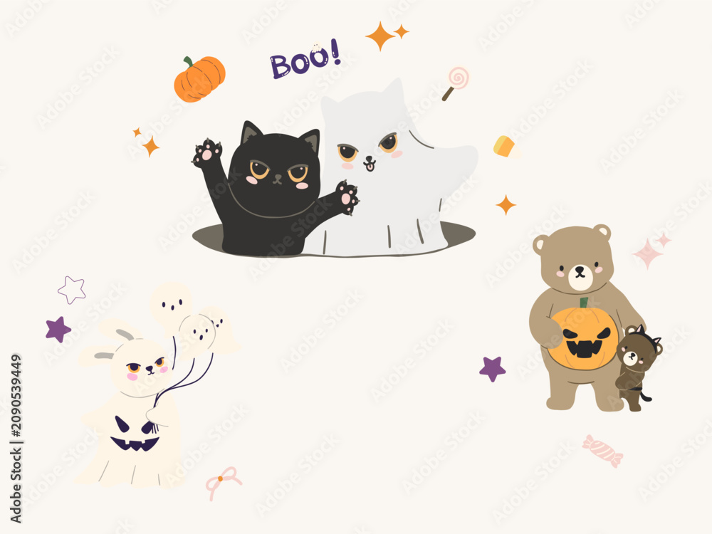 Fototapeta premium Cute Spooky Best Friends Halloween Clipart Set with Ghost, Cat, Bunny and Bear