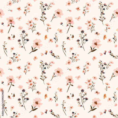 Tiny ditsy floral seamless pattern, scattered small blossoms, pastel palette