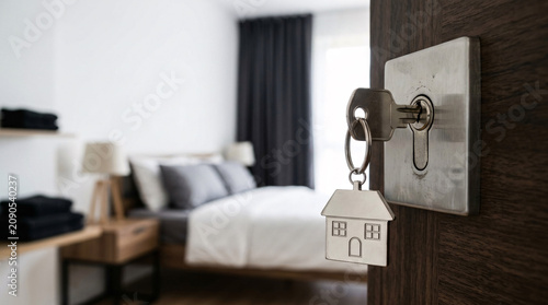 House key on a door with a bedroom in the background