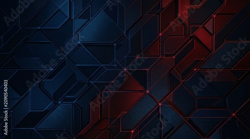 Dark blue and red 3D geometric background, metallic cubes pattern, futuristic tech design, abstract wallpaper