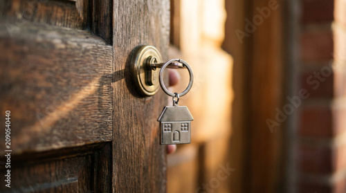 House key with house-shaped keychain on a wooden door