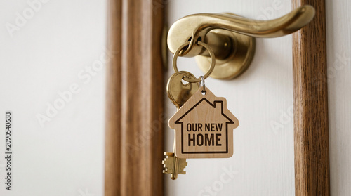 Brass door handle with 'Our New Home' keychain, symbolizing home ownership