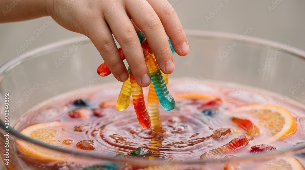 Obraz premium Child hand holding colorful gummy worms over a fruit punch bowl for a fun Halloween party celebration or kids birthday event with citrus slices and sweet candy treats