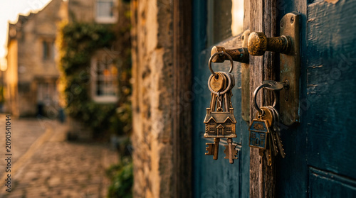 Old keys on a rustic door in a cobblestone street setting