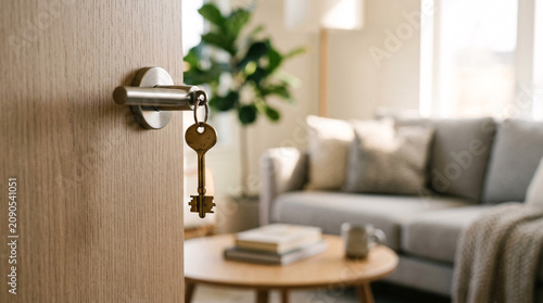 Key in door lock with living room interior in background
