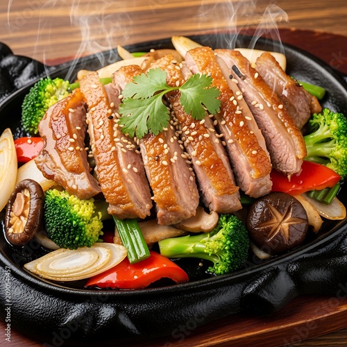 Sizzling Sliced Roasted Duck with Vegetables on Hot Iron Plate