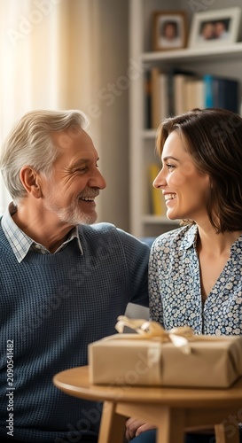 Smiling Elderly Father and Adult Daughter Sitting Together Beside Gift Box at Home