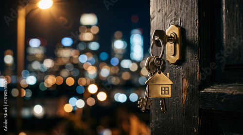 Keys on wooden post with blurred cityscape at night