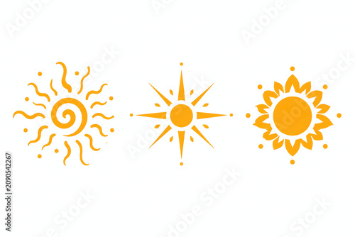 Set of three minimalist yellow sun icons with distinct radiant patterns. Conceptual vector illustrations for summer, sunny weather, meteorology, and simple design themes.