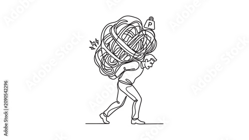 A line art illustration of a man carrying a heavy tangled burden of debt and problems.