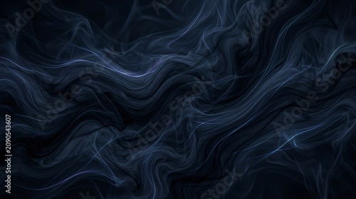 Dark blue smoke, abstract background, wavy texture, black gradient