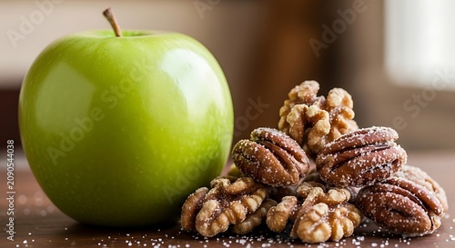 Fresh Green Apple with Sugared Walnuts and Pecans on Wooden Table