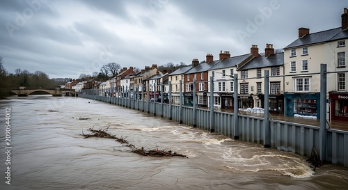 Flooded Muddy River Rising Beside Historic Town Houses Under Stormy Sky