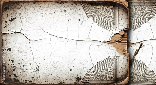 Cracked Vintage Ornamental Tile Surface with Weathered White Paint and Rustic Border