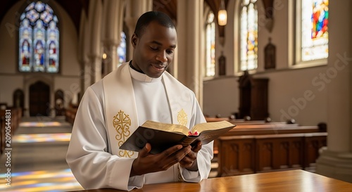 Smiling Young Priest Reading Bible in Sunlit Church Interior